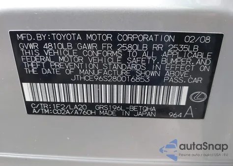 2008 Lexus Gs 350 from USA, damaged, VIN JTHCE96S280016853